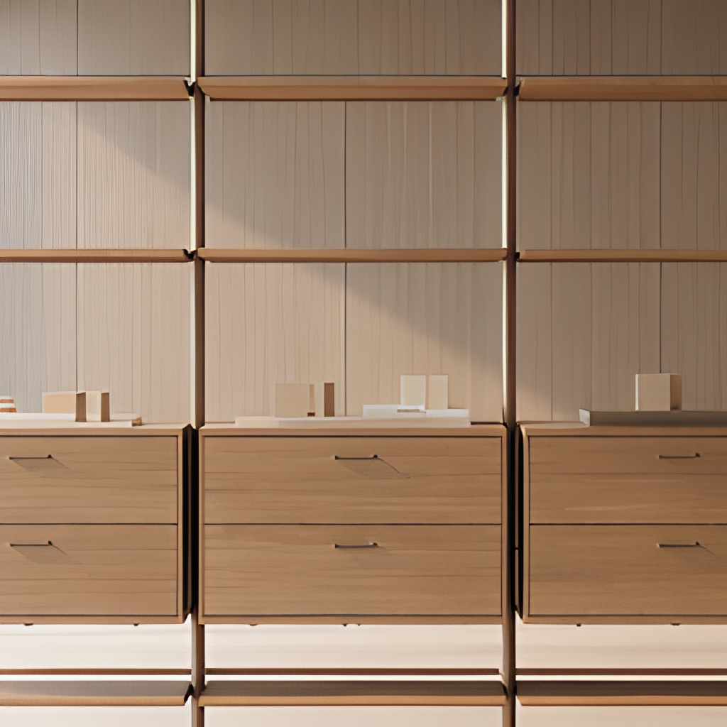 Librería modular de madera con estantes abiertos, estructura metálica, almacenamiento de oficina, librería a medida