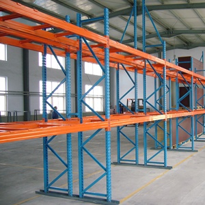 Estantería para palets ajustable de alta resistencia de dos niveles, sistema de almacenamiento industrial para almacenes con capacidad de carga elevada y personalizable.