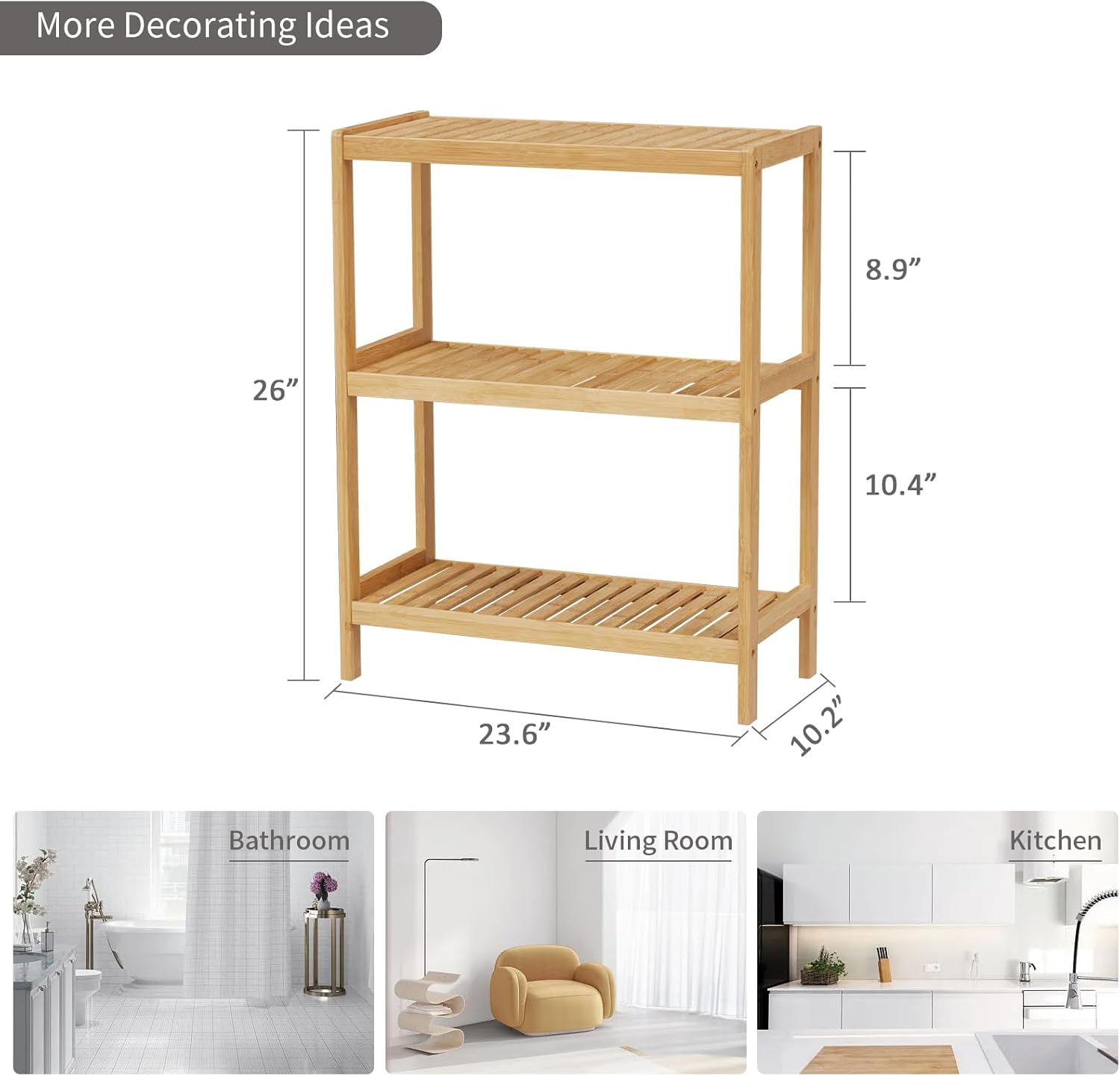 Estantería de baño de bambú de 3 niveles SINCERE FSC, multifuncional, para almacenamiento en la cocina, sala de estar o como soporte para plantas/flores.