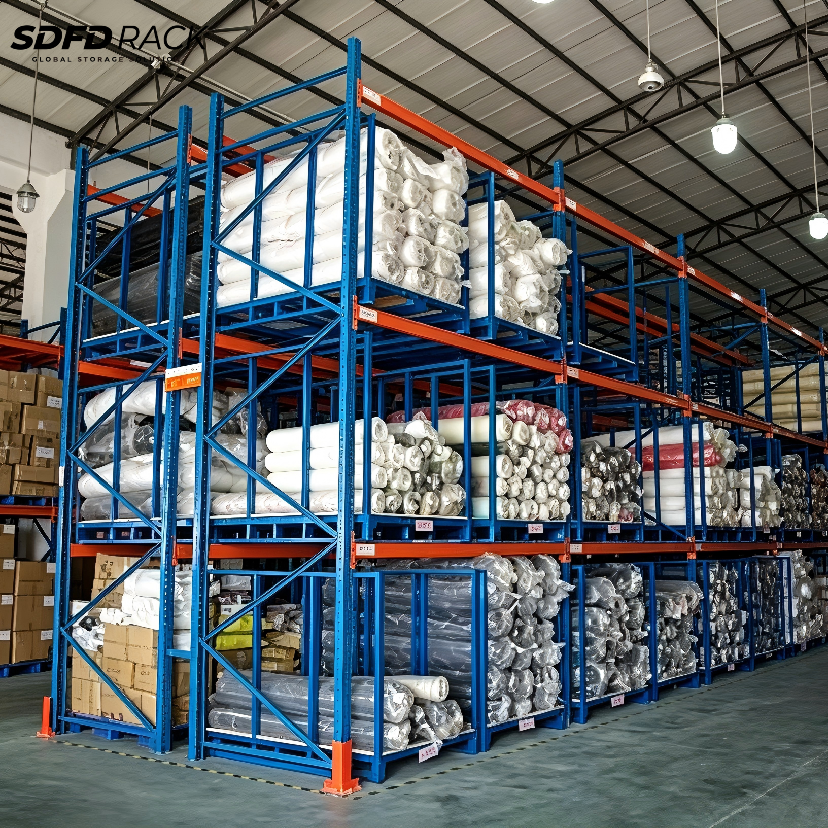Sistema de estanterías industriales de acero de alta resistencia, apilables en 5 niveles, para almacenamiento y exhibición de rollos de alfombra.