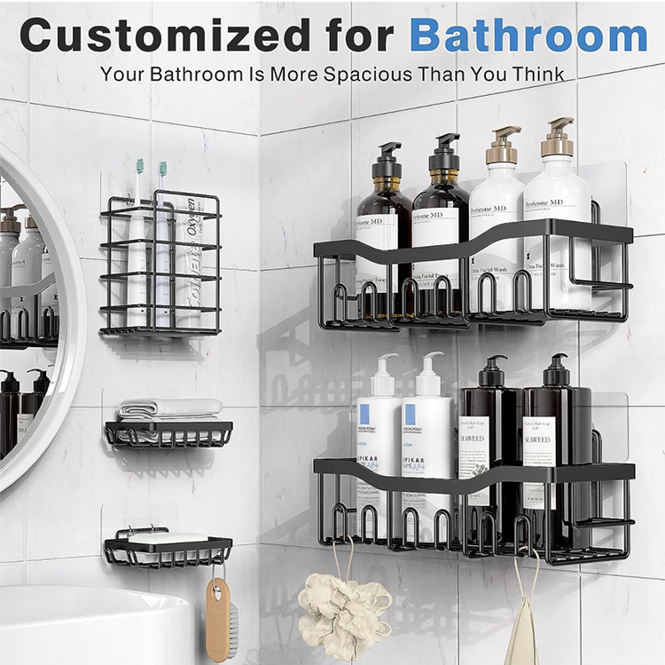 Juego de estantes organizadores para baño, estante de hierro para baño montado en la pared, almacenamiento de artículos de aseo, estantes y repisas de almacenamiento multiusos.