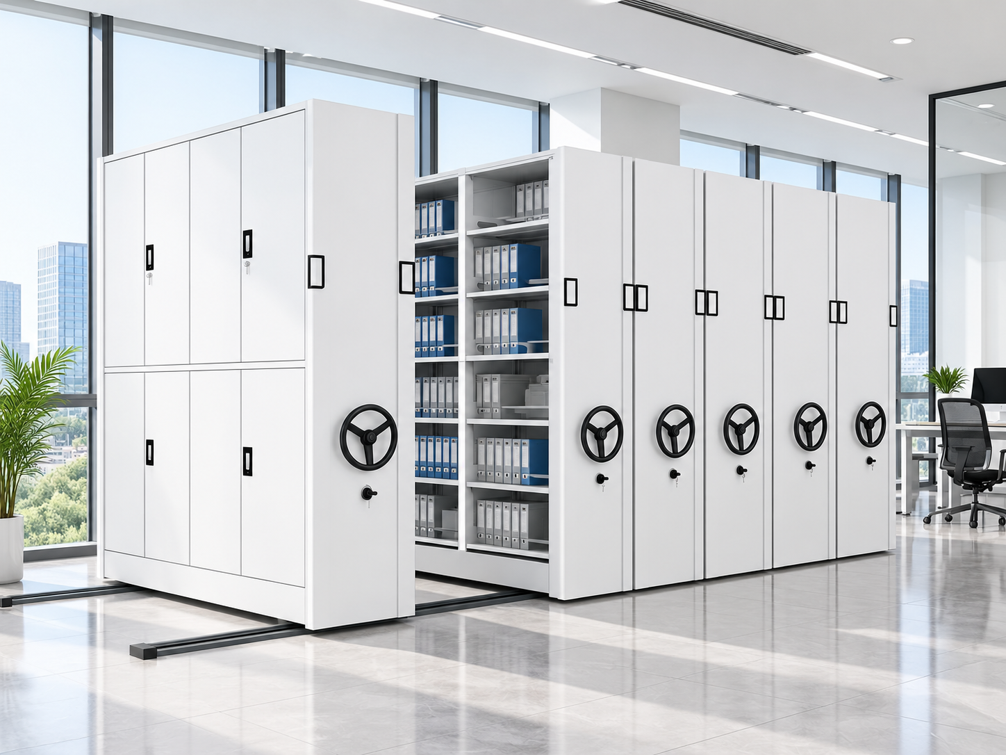 Estantería móvil inteligente automática, archivador metálico, compactadora de acero, estantería móvil de gran capacidad, equipamiento moderno para bibliotecas, estantería móvil.