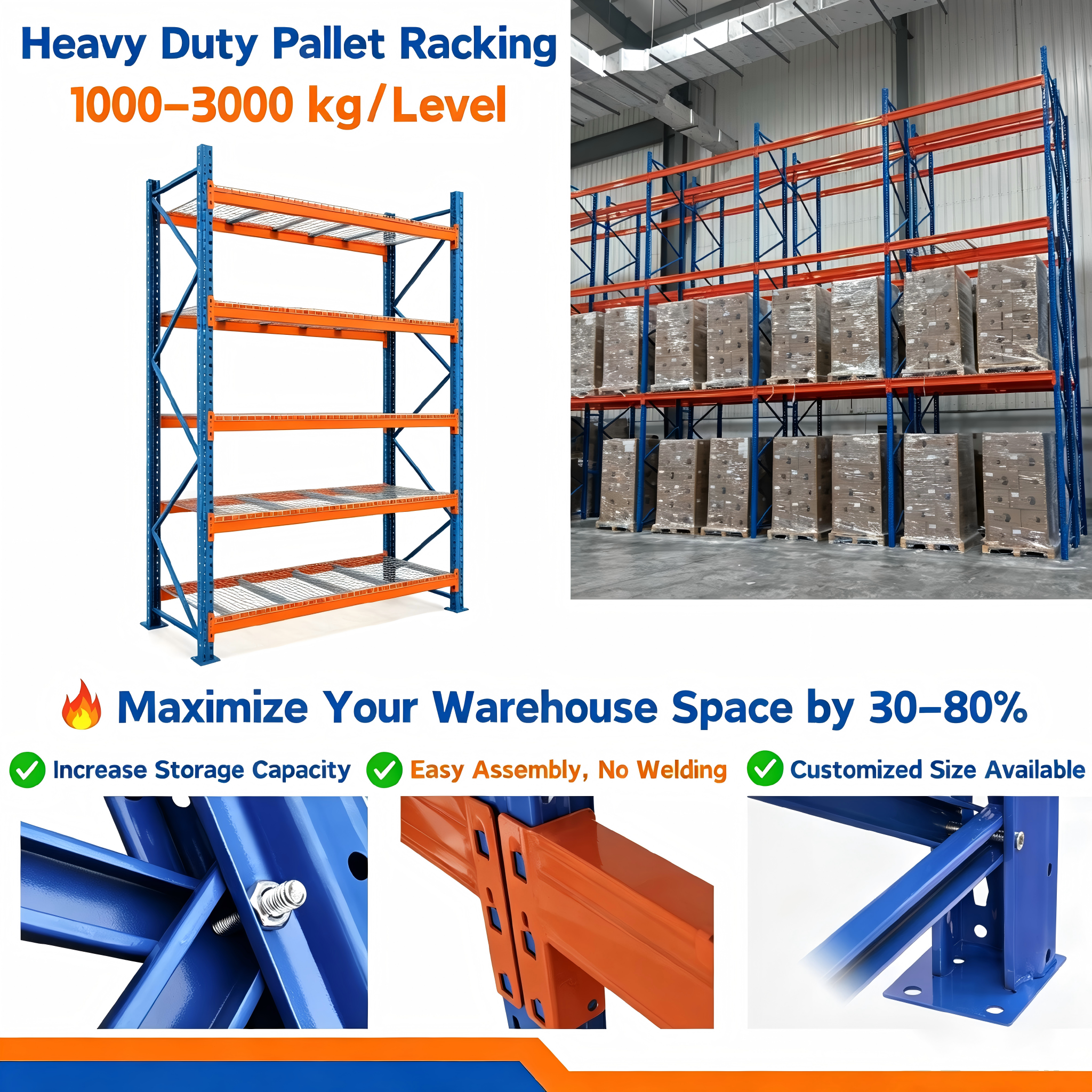 Estanterías para palets ajustables personalizadas de 200 kg, 300 kg y 500 kg, de acero resistente, de gran capacidad, ideales para almacenes y comercio electrónico.