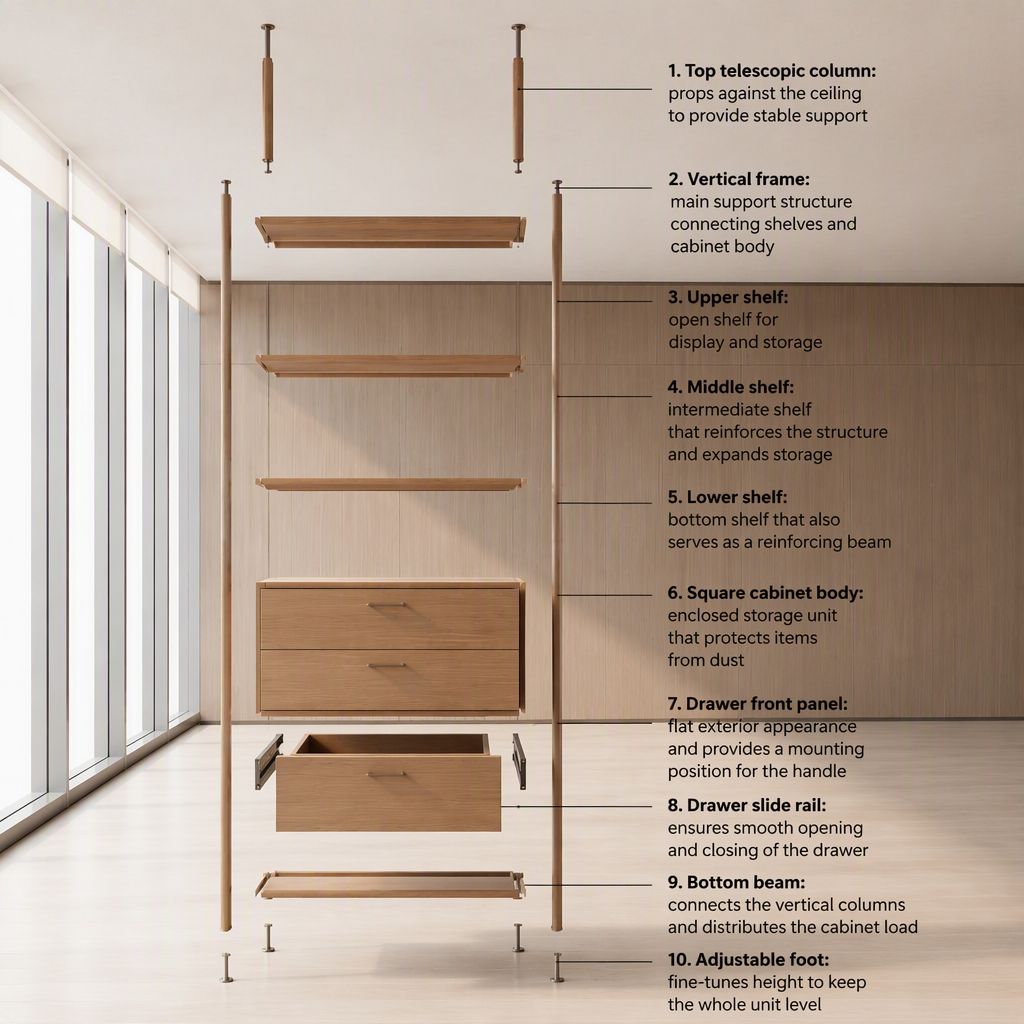 Librería modular de madera con estantes abiertos, estructura metálica, almacenamiento de oficina, librería a medida
