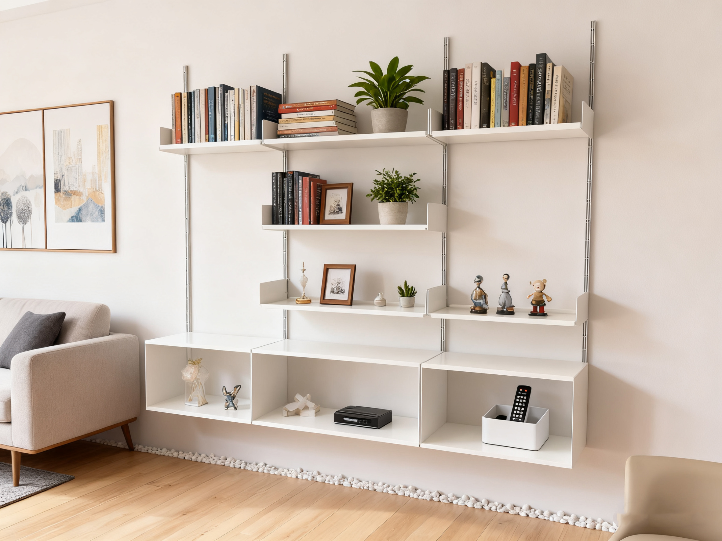 Sistema de estanterías modulares flotantes de acero blanco con rieles ajustables para sala de estar, almacenamiento de alimentos y ropa, diseño moderno de 5 niveles.