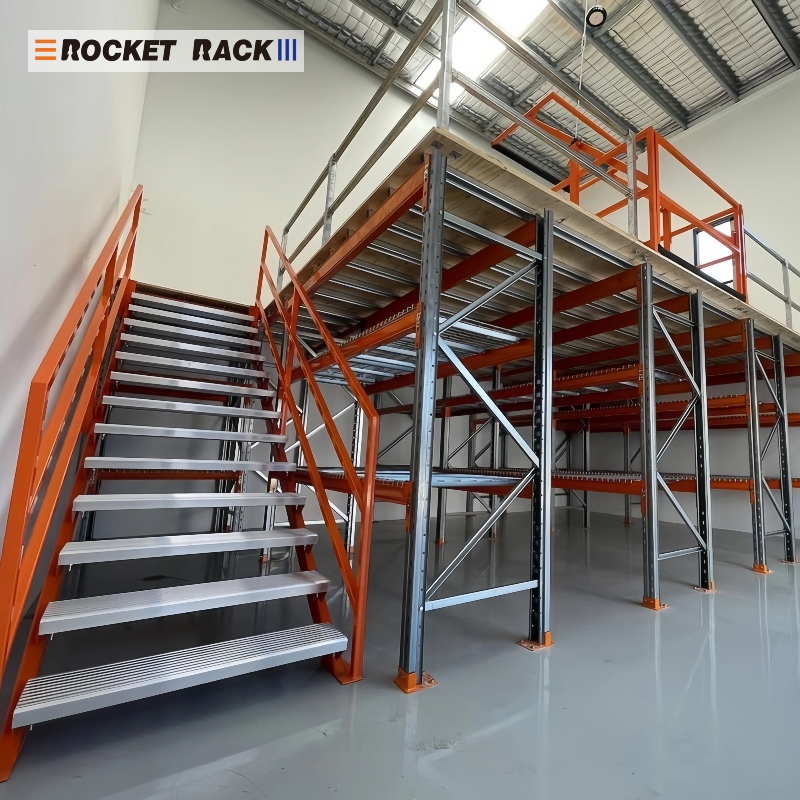 Estantería de almacén, entrepiso, estructura de piso multinivel de alta resistencia, acero, capacidad de carga de 500 kg/m², anticorrosión.