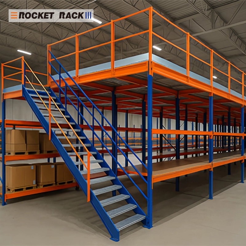 Estantería de almacén, entrepiso, estructura de piso multinivel de alta resistencia, acero, capacidad de carga de 500 kg/m², anticorrosión.