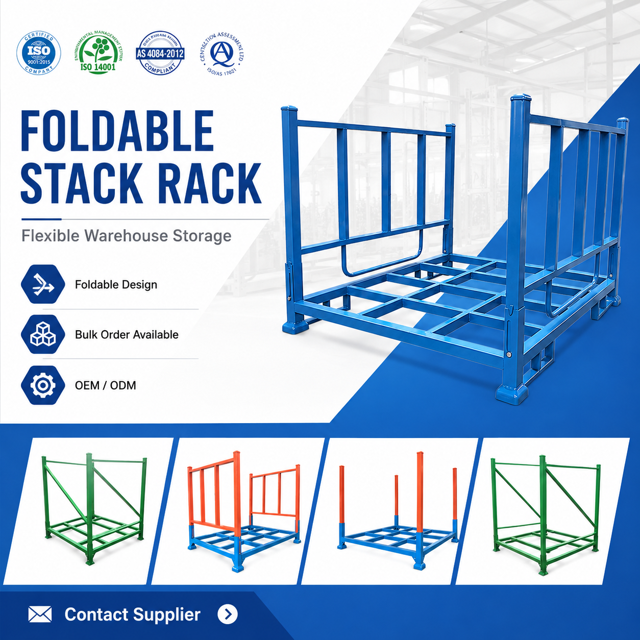 Estantería plegable apilable de acero resistente con estructura de almacenamiento, estantería apilable para almacén con recubrimiento en polvo.