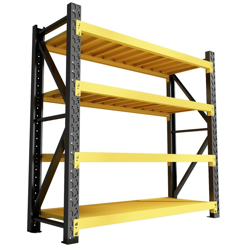 Sistema de estanterías industriales de hierro de 4 niveles, ajustables y sin tornillos, con capacidad de carga de 300 kg/nivel.