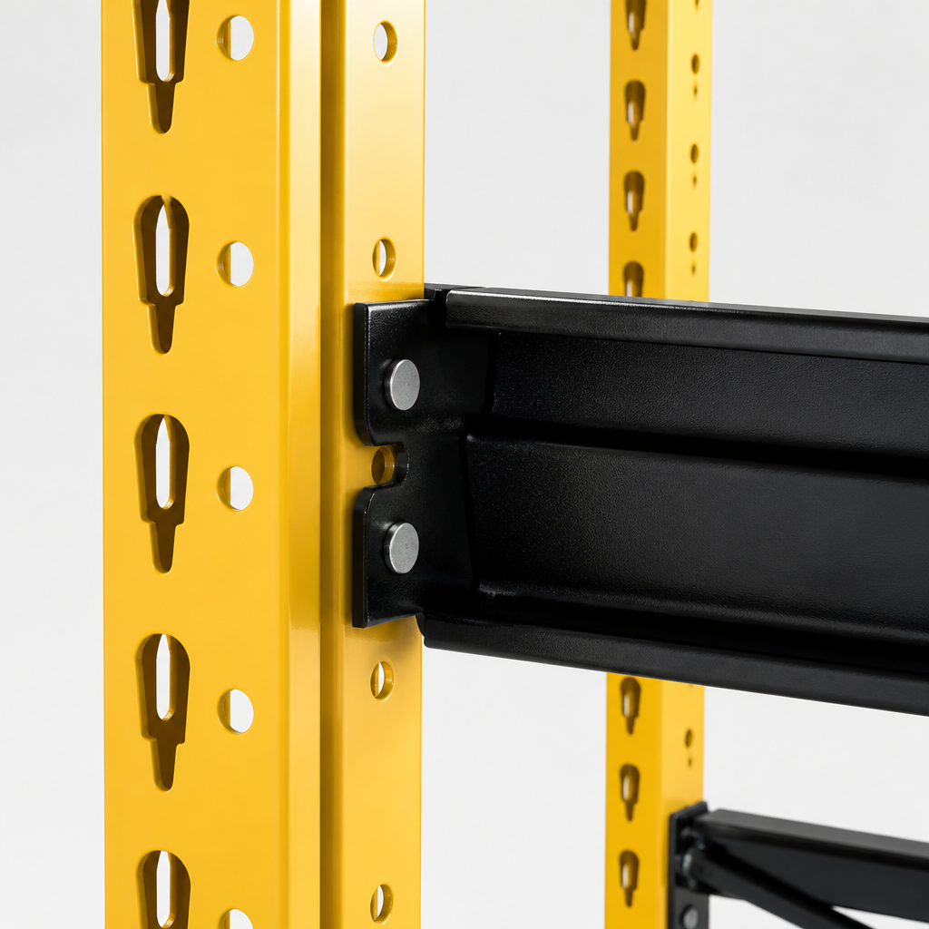 Estantería metálica ajustable de 3 niveles, color amarillo y negro, para almacén, de uso medio, para centro logístico.