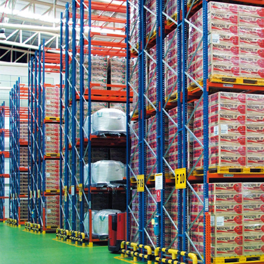 Estantería industrial de alta densidad para palets, ajustable, doble, profunda, de acero de 5 capas con recubrimiento en polvo de alta resistencia para protección contra la corrosión.