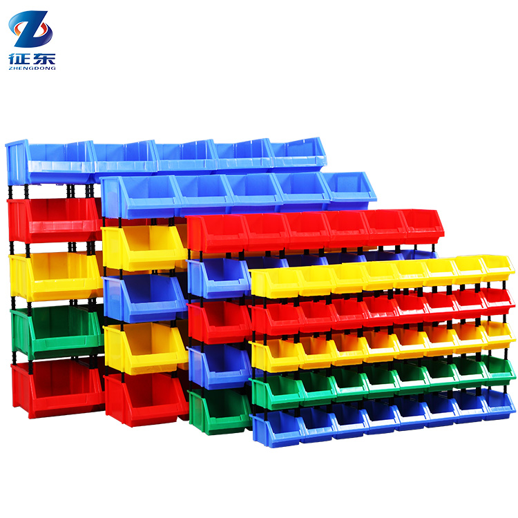 Organizador de estantes apilables de plástico azul para almacén, contenedores de almacenamiento industriales pequeños y grandes.