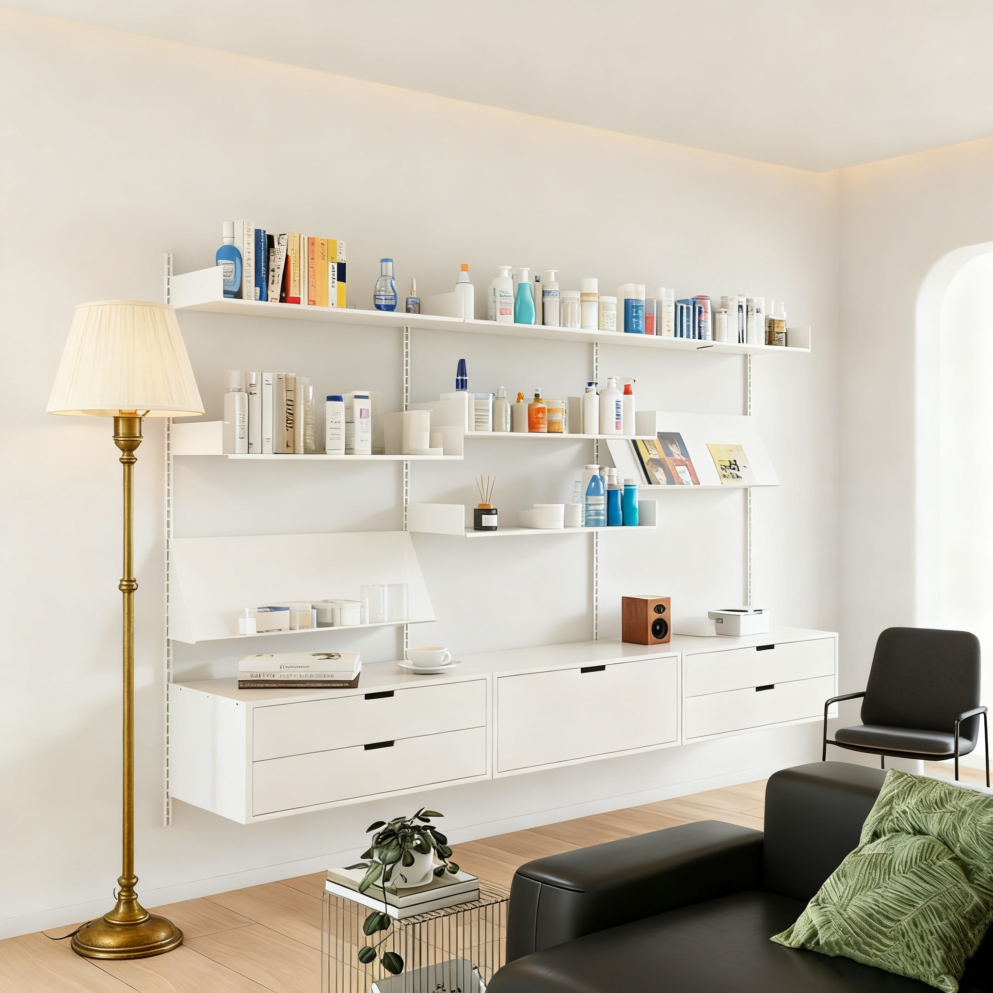 Sistema de estanterías modulares flotantes de acero blanco con rieles ajustables para sala de estar, almacenamiento de alimentos y ropa, diseño moderno de 5 niveles.