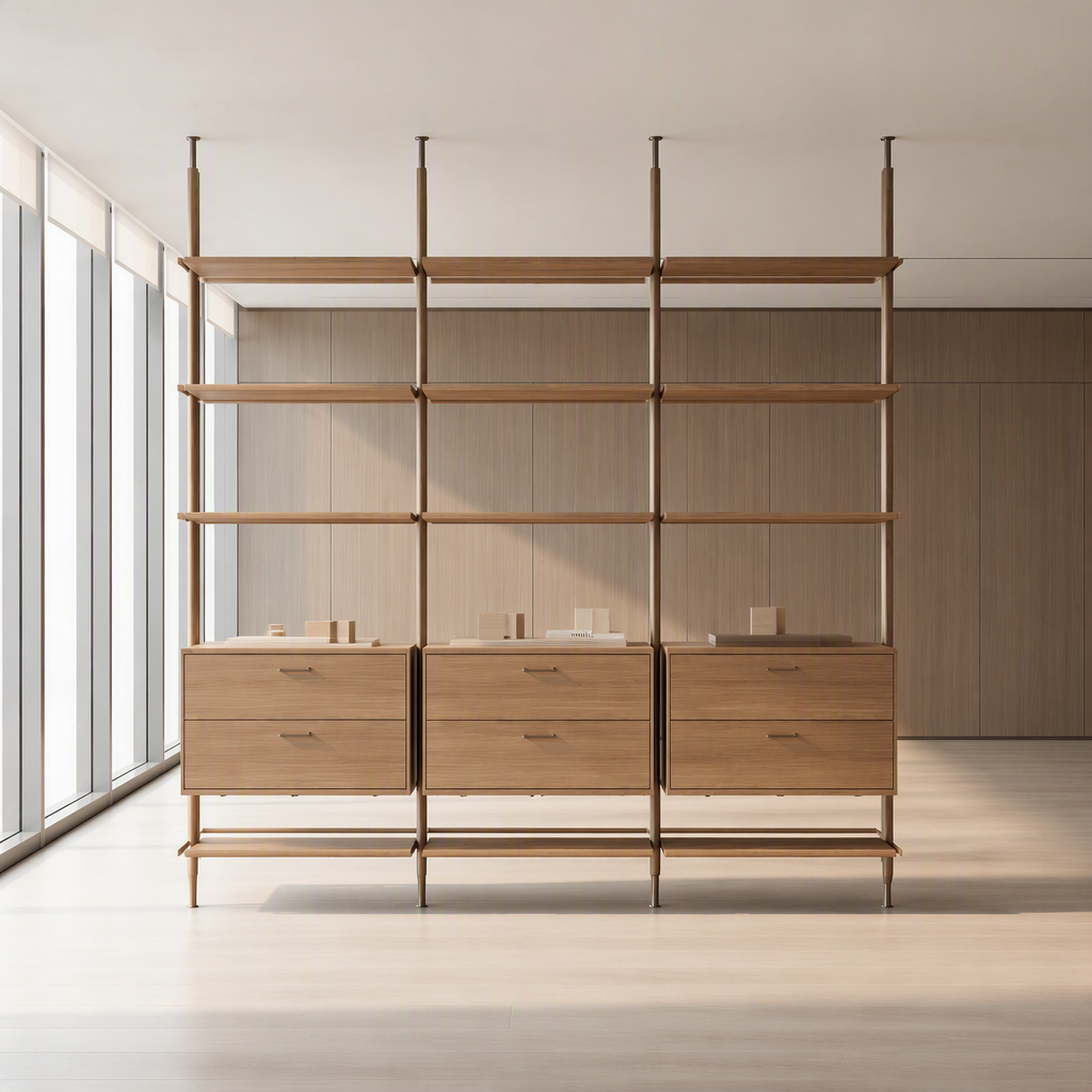 Librería modular de madera con estantes abiertos, estructura metálica, almacenamiento de oficina, librería a medida