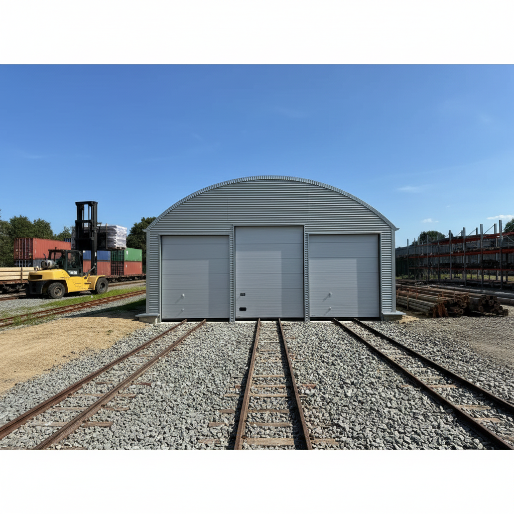 Almacén con techo redondo y doble puerta para carga y almacenamiento de equipos.