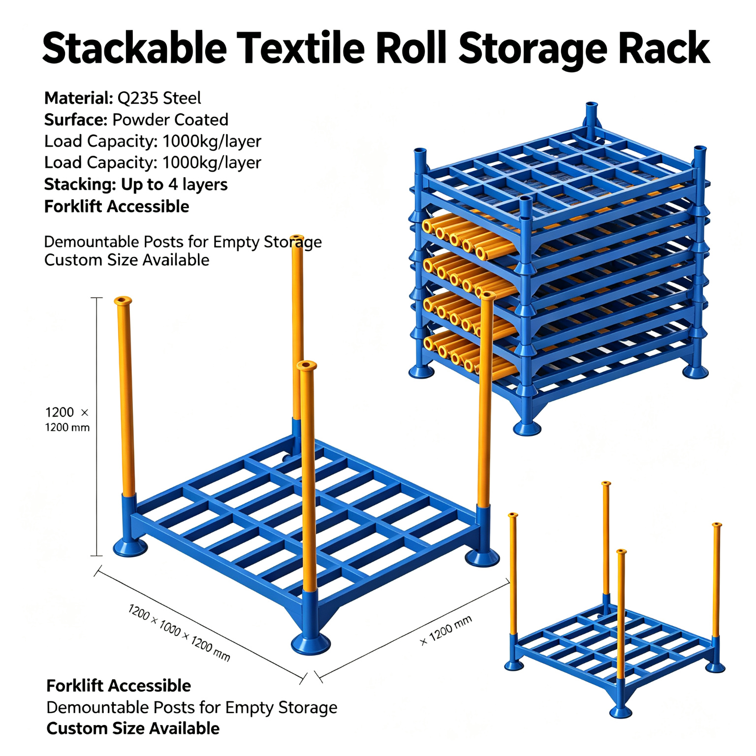 Estantería apilable para rollos textiles, con capacidad de carga de 1000 kg, estantería desmontable de acero para palets, ideal para almacenes de telas.