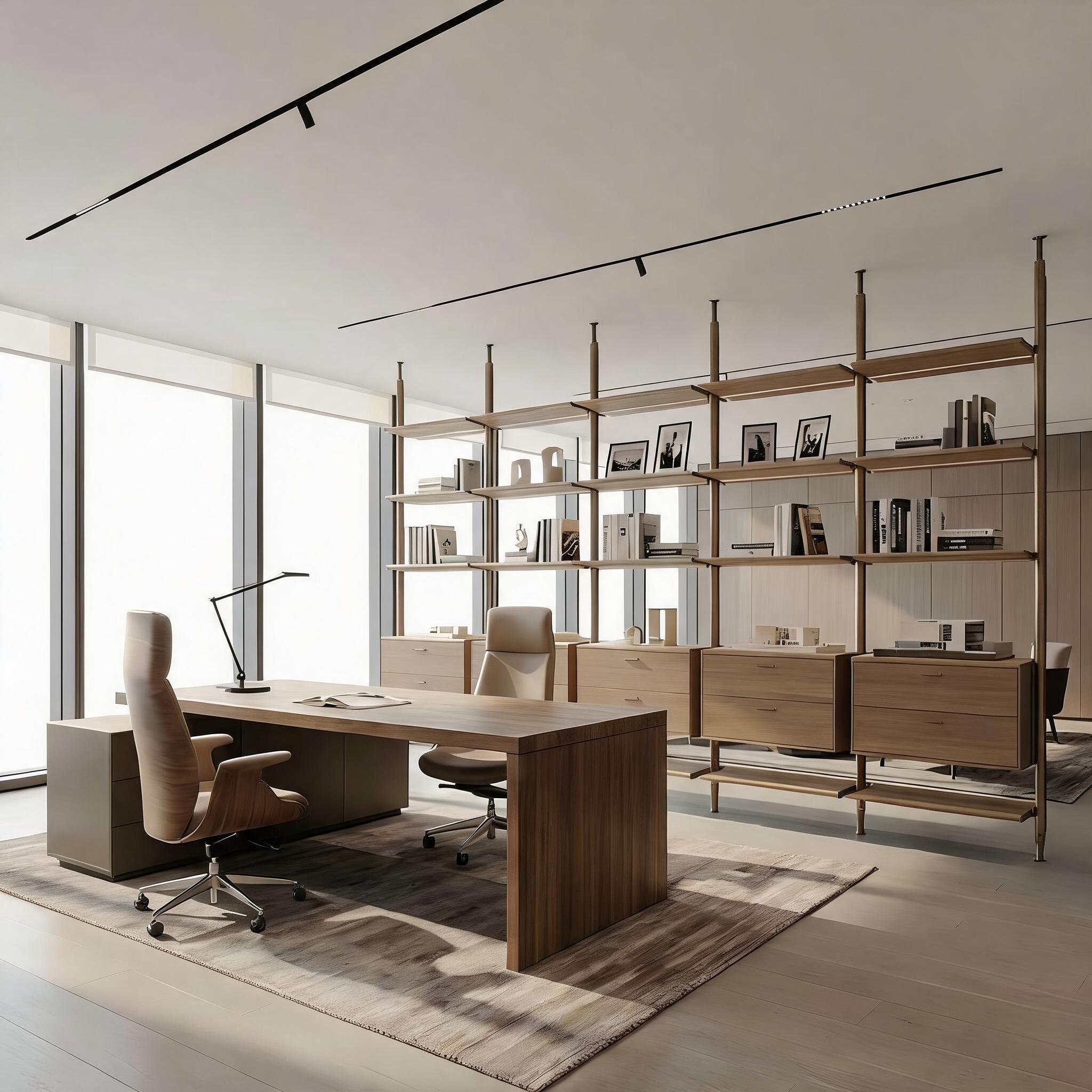 Librería modular de madera con estantes abiertos, estructura metálica, almacenamiento de oficina, librería a medida