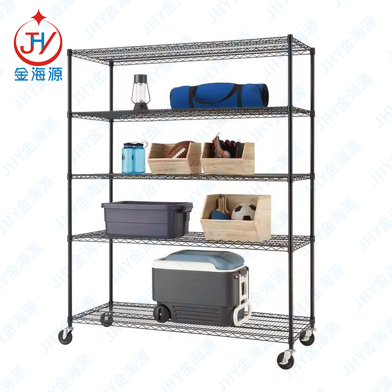 Estantería profesional de 4 niveles con revestimiento epoxi, color negro, ideal para almacén, garaje o garaje. Estantería metálica de alambre resistente con ruedas.