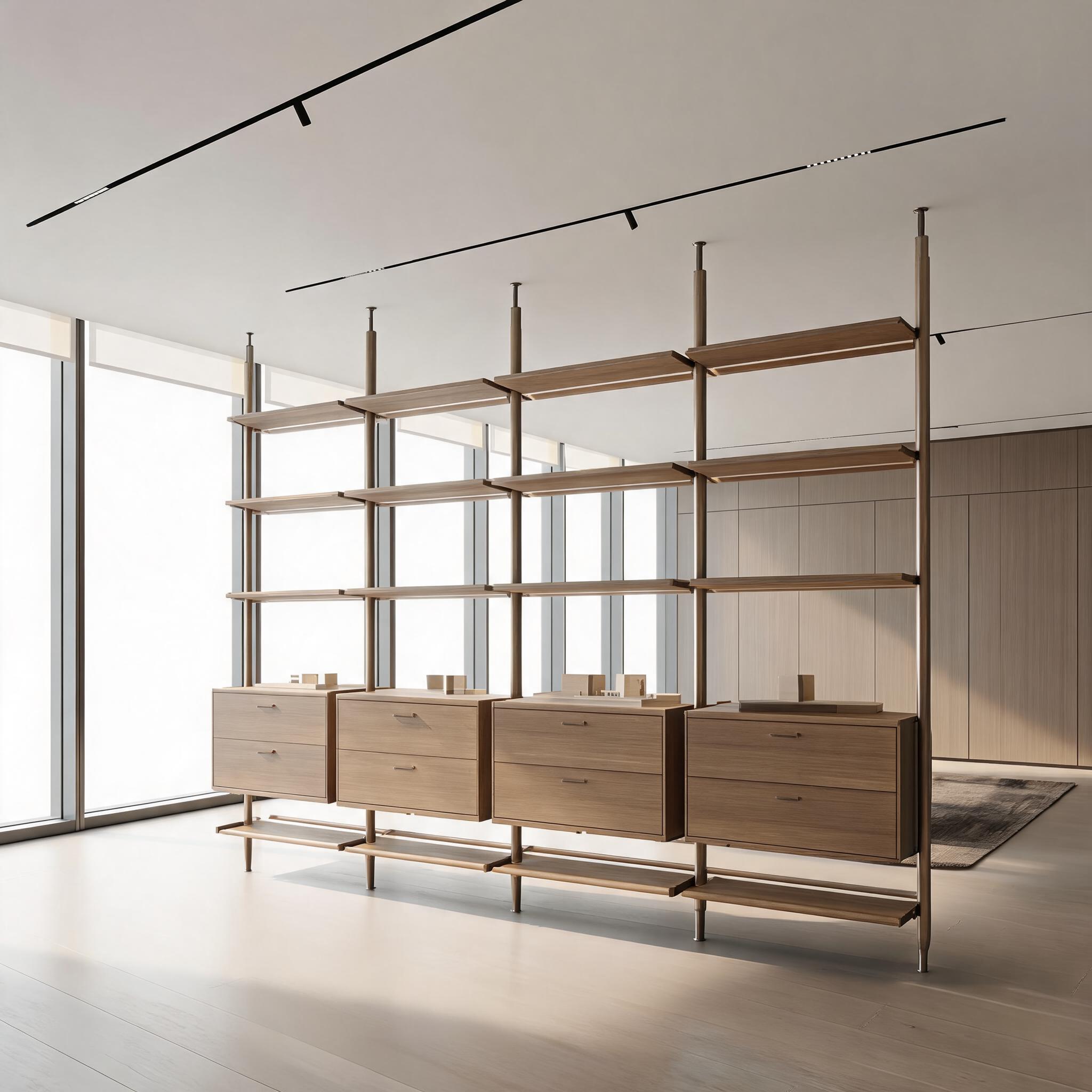 Librería modular de madera con estantes abiertos, estructura metálica, almacenamiento de oficina, librería a medida