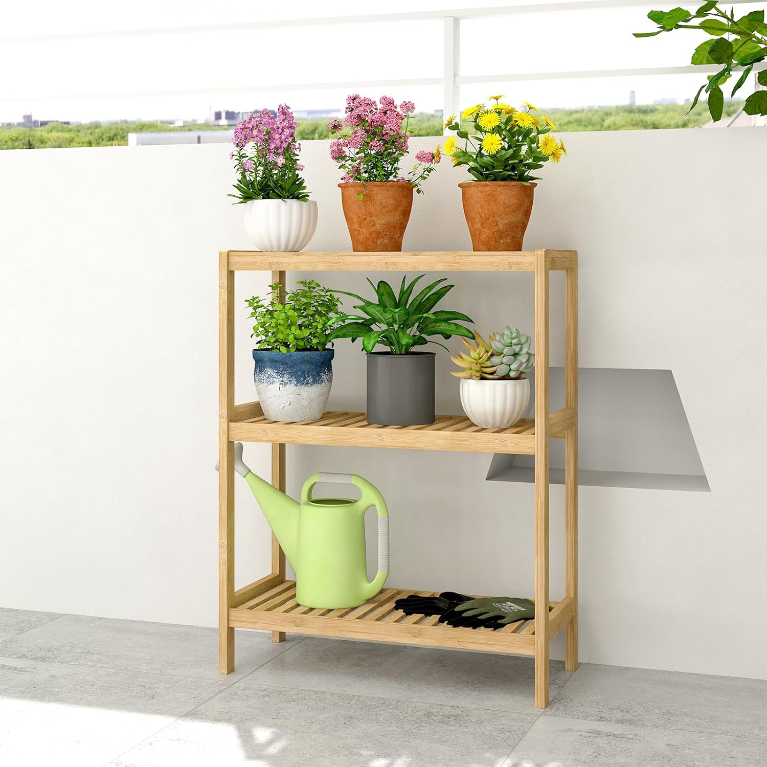 Estantería de baño de bambú de 3 niveles SINCERE FSC, multifuncional, para almacenamiento en la cocina, sala de estar o como soporte para plantas/flores.