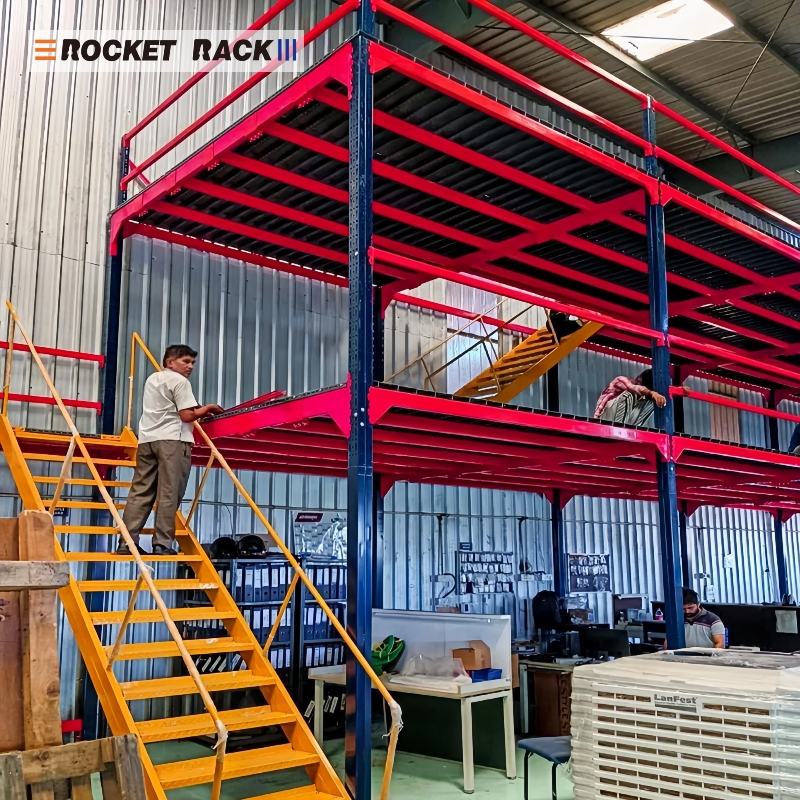 Estantería de almacén, entrepiso, estructura de piso multinivel de alta resistencia, acero, capacidad de carga de 500 kg/m², anticorrosión.