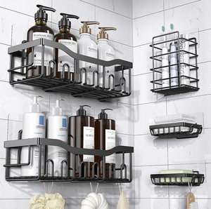 Juego de estantes organizadores para baño, estante de hierro para baño montado en la pared, almacenamiento de artículos de aseo, estantes y repisas de almacenamiento multiusos.