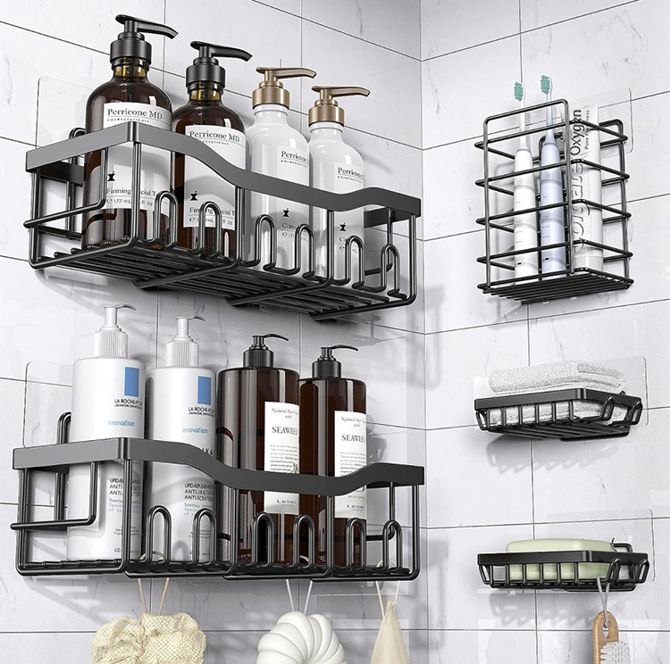 Juego de estantes organizadores para baño, estante de hierro para baño montado en la pared, almacenamiento de artículos de aseo, estantes y repisas de almacenamiento multiusos.