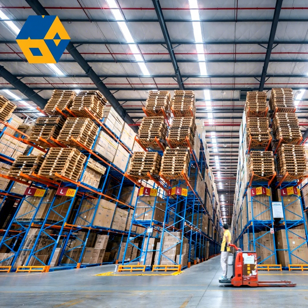 Sistema de estanterías de gran capacidad y alta resistencia (2000 kg por nivel) para almacén. Estantería de palets apilable de vigas de alta resistencia.
