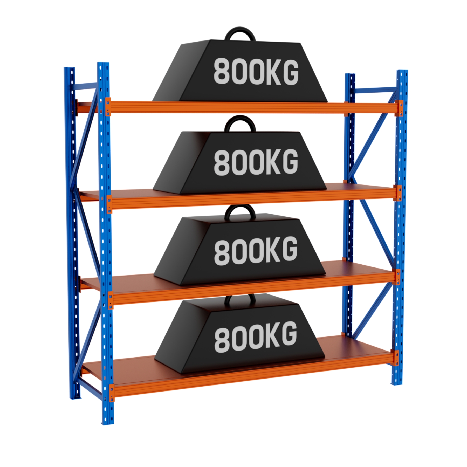 Sistema de estanterías para palets de 4 niveles y 800 kg de capacidad media-alta, de acero, ajustables y de gran envergadura, para almacenamiento en almacén.