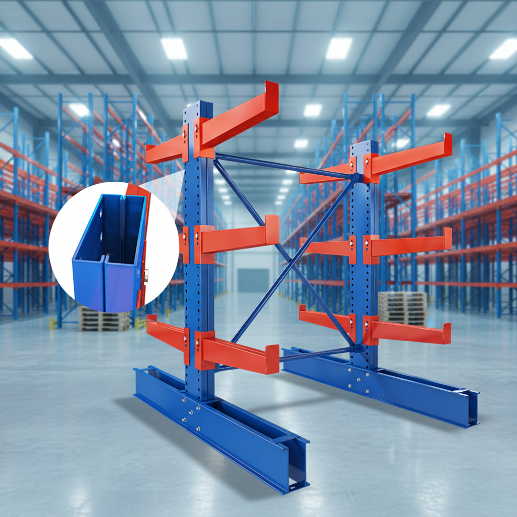Estantería industrial resistente y duradera. Sistema de estanterías con brazos en voladizo ajustables y duraderos para almacenamiento en almacenes.