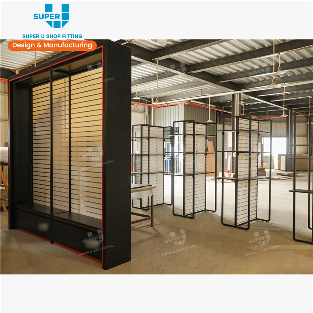 Estanterías comerciales Super U, unidades de exhibición de paneles ranurados, accesorios para exhibición de productos en salas de exposición, estantes de exhibición personalizados, vitrinas de pared.