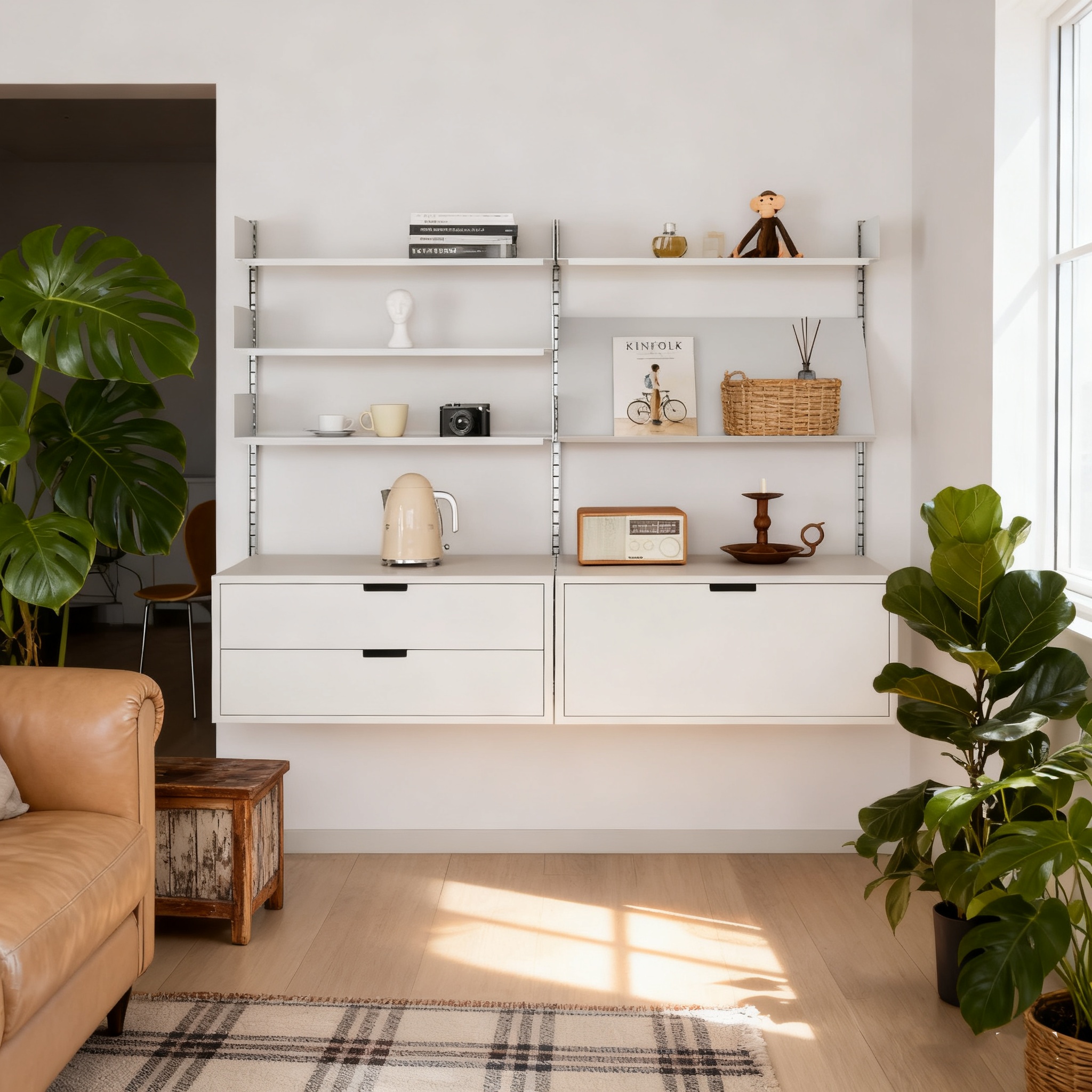 Sistema de estanterías modulares flotantes de acero blanco con rieles ajustables para sala de estar, almacenamiento de alimentos y ropa, diseño moderno de 5 niveles.