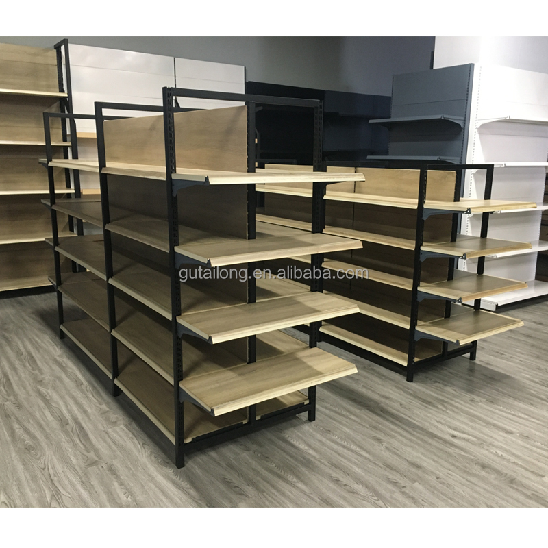 Estantería moderna de doble cara metálica ecológica para supermercado, resistente y de alta calidad, con acabado de pintura en polvo. 750 mm de profundidad, 1650 mm de altura.