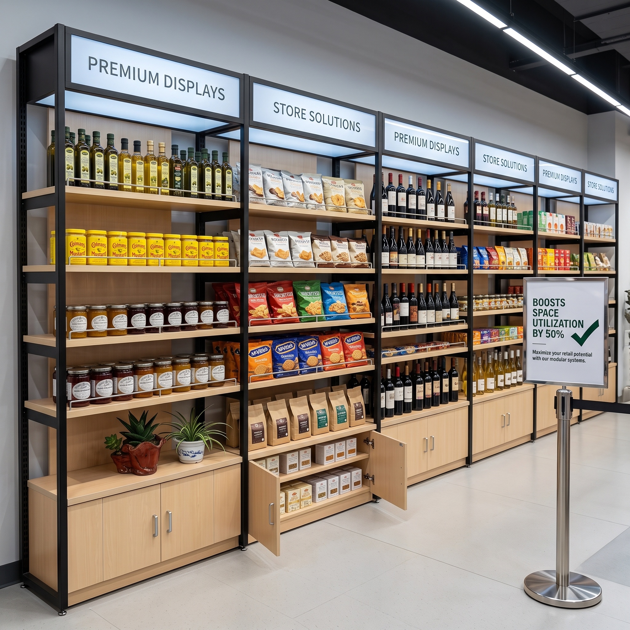 Estanterías metálicas tipo góndola con estantes de madera para tiendas de comestibles y conveniencia, estanterías para pasillos de supermercados.