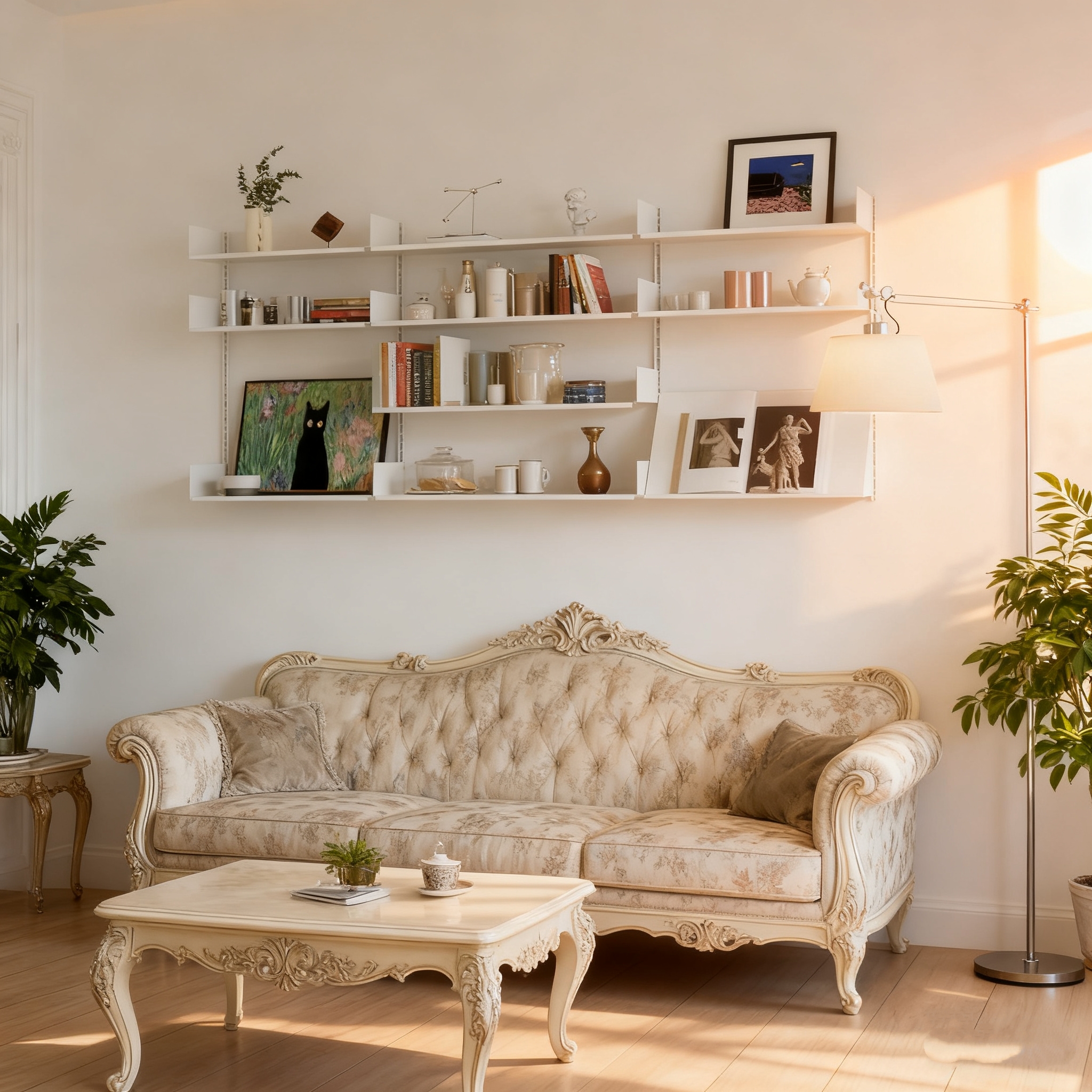 Sistema de estanterías modulares flotantes de acero blanco con rieles ajustables para sala de estar, almacenamiento de alimentos y ropa, diseño moderno de 5 niveles.