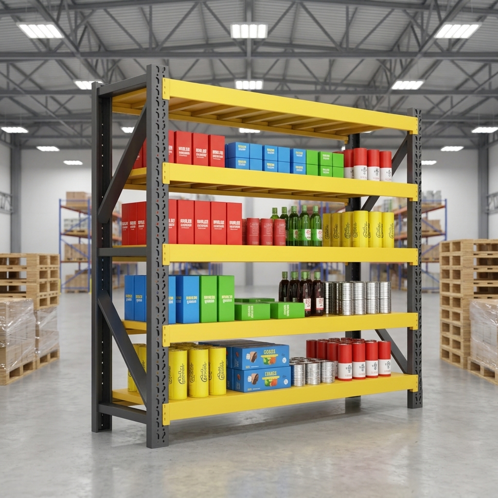 Sistema de estanterías industriales de hierro de 4 niveles, ajustables y sin tornillos, con capacidad de carga de 300 kg/nivel.