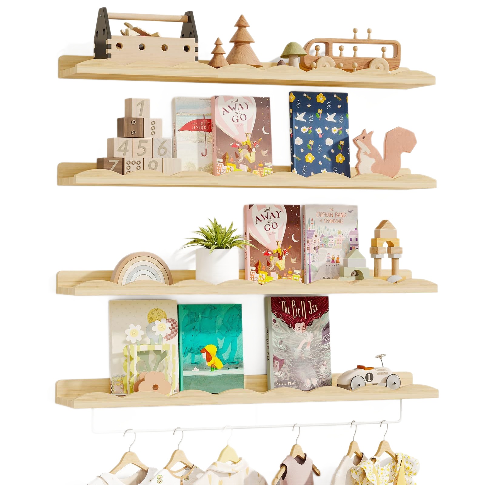 Estantería de bambú de 4 niveles para libros infantiles, tipo estantería de pared, estante de almacenamiento de madera para guardería o sala de juegos, OEM personalizado