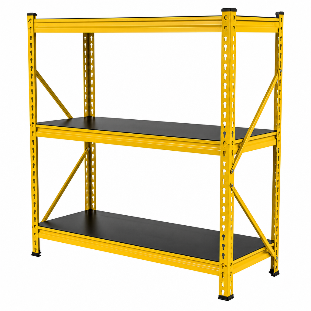 Estantería metálica ajustable de 3 niveles, color amarillo y negro, para almacén, de uso medio, para centro logístico.