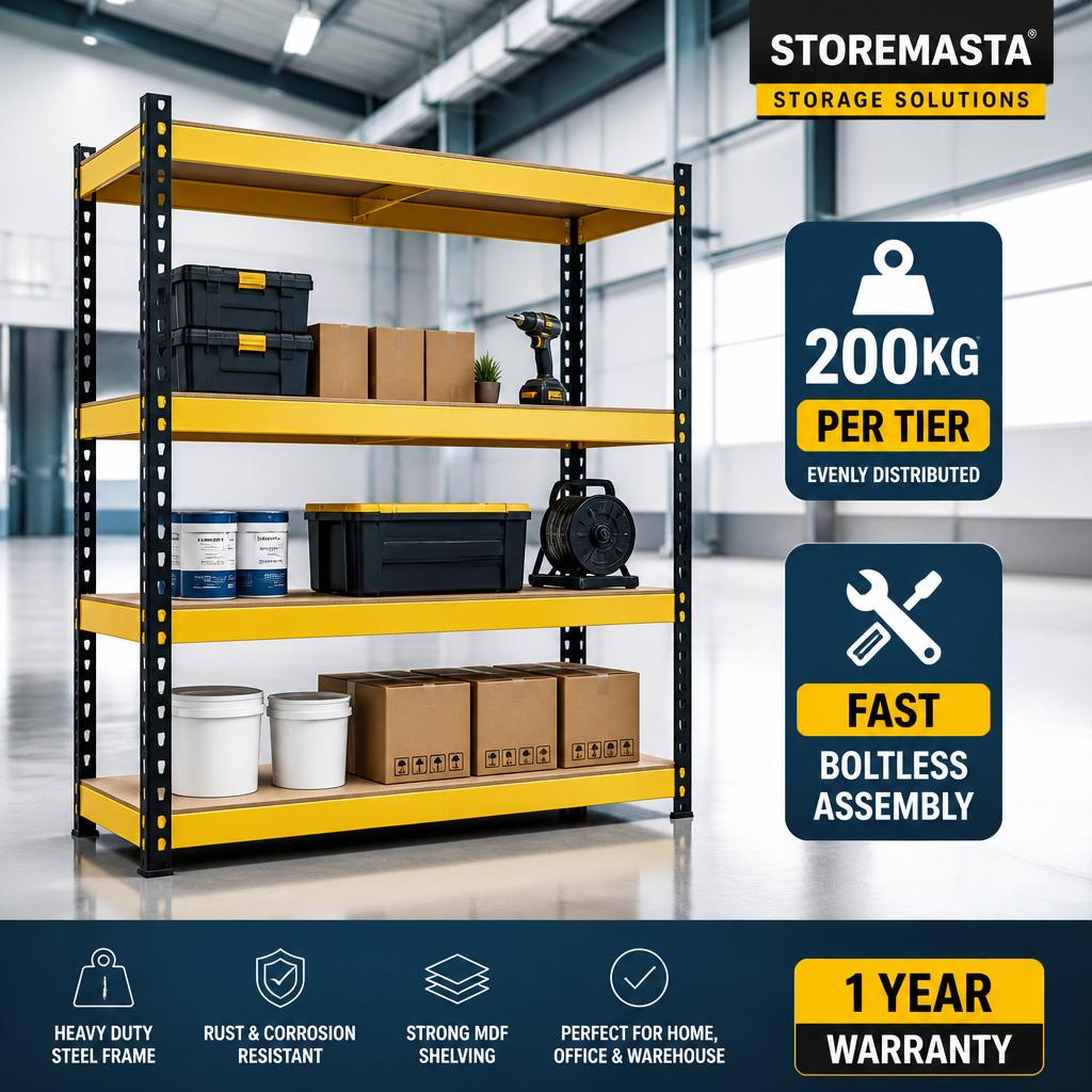 Estantería metálica ajustable de 3 niveles, color amarillo y negro, para almacén, de uso medio, para centro logístico.