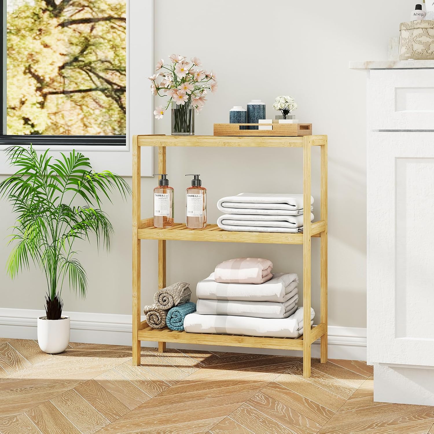 Estantería de baño de bambú de 3 niveles SINCERE FSC, multifuncional, para almacenamiento en la cocina, sala de estar o como soporte para plantas/flores.