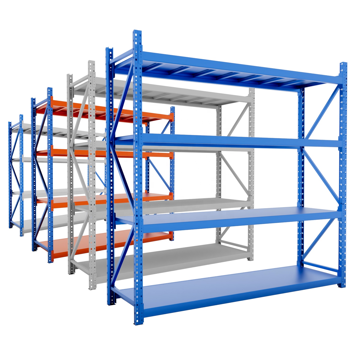 Sistema de estanterías para palets de 4 niveles y 800 kg de capacidad media-alta, de acero, ajustables y de gran envergadura, para almacenamiento en almacén.