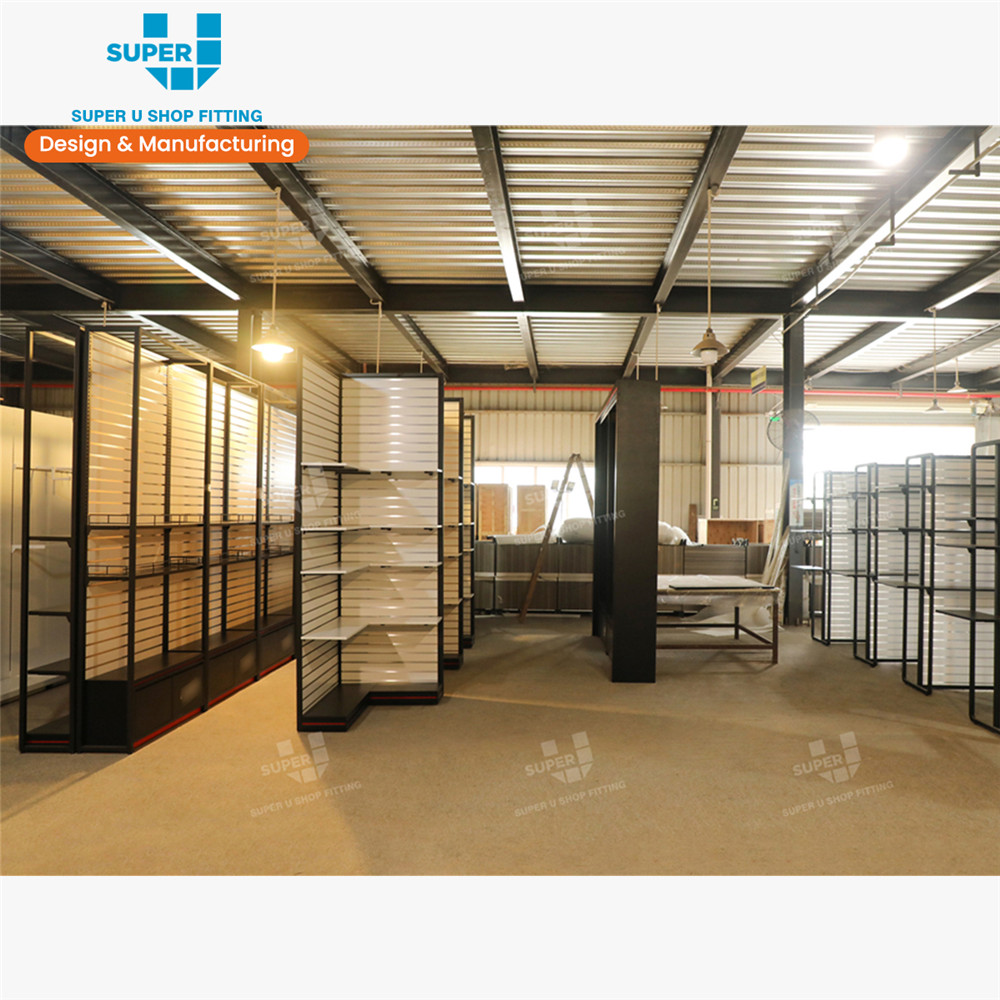 Estanterías comerciales Super U, unidades de exhibición de paneles ranurados, accesorios para exhibición de productos en salas de exposición, estantes de exhibición personalizados, vitrinas de pared.