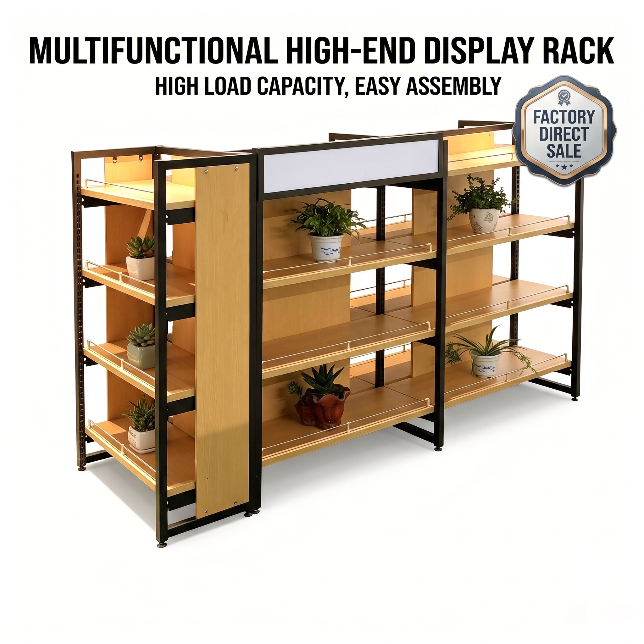 Estanterías metálicas tipo góndola con estantes de madera para tiendas de comestibles y conveniencia, estanterías para pasillos de supermercados.